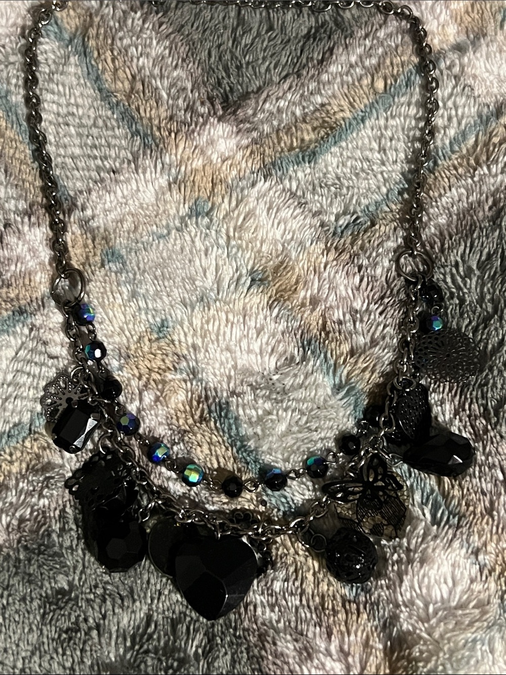 Black Multi-Charm Heart Pendant Necklace - Women Jewelry